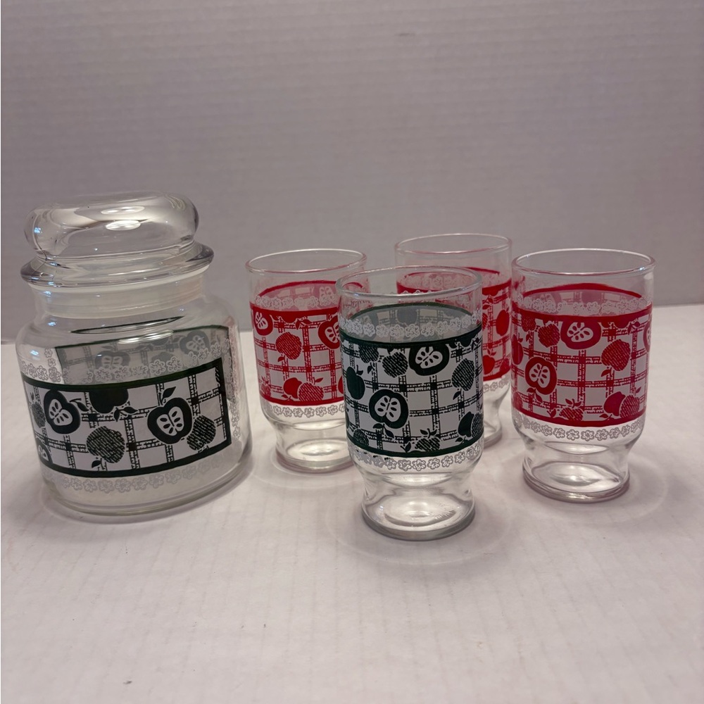 Vintage Anchor Hocking Set of Vintage Fruit Pattern Glasses and Canister